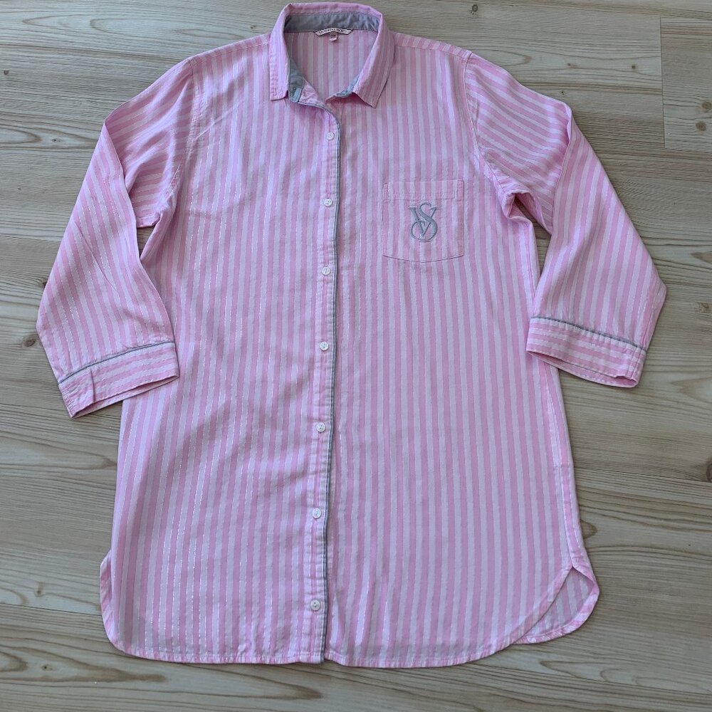 Victoria's Secret Pink & White & Silver Striped Night Shirt Sz. L